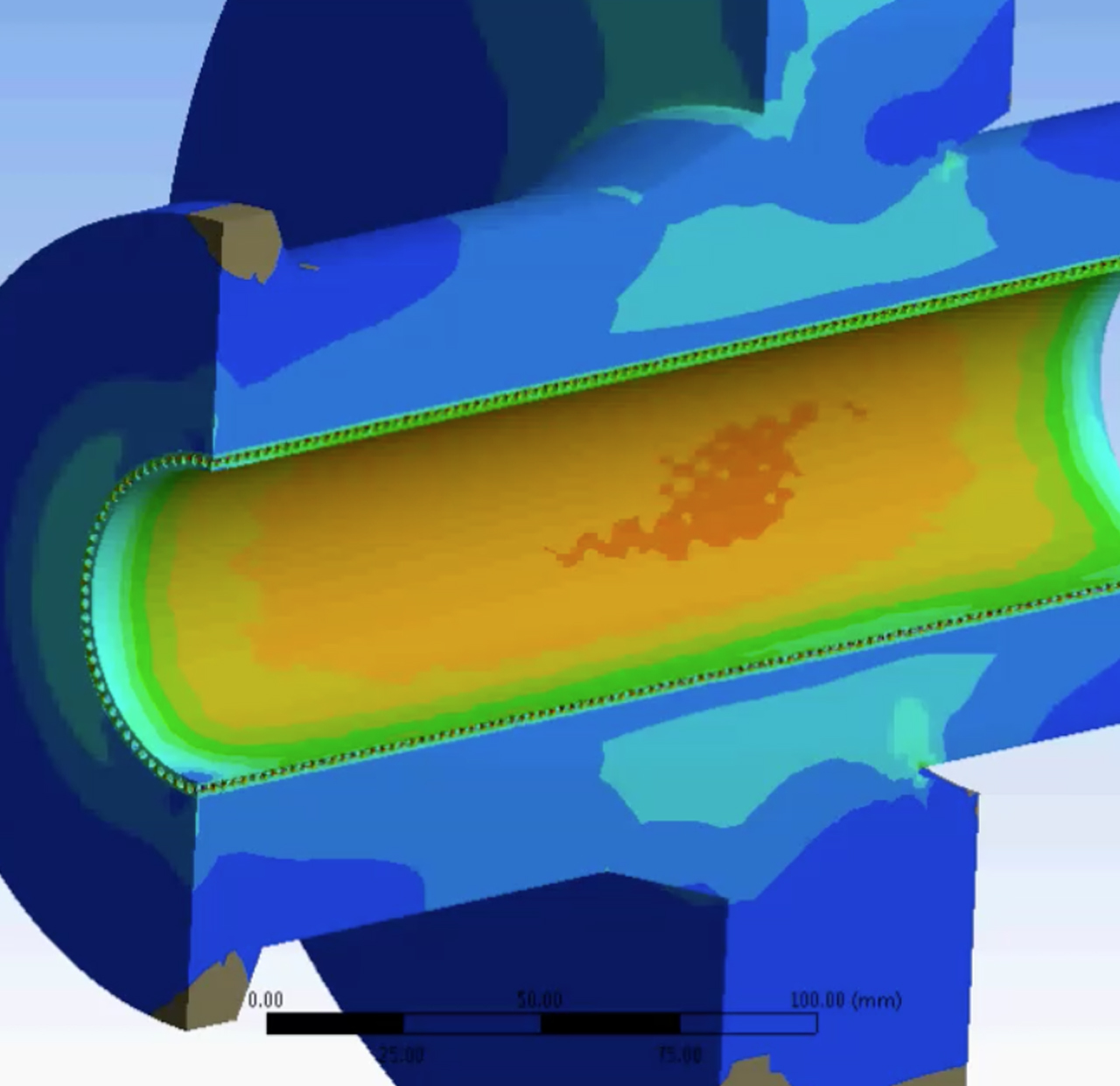 A colorful simulation heatmap of an internal pipe structure, displaying temperature variations. The inner part of the pipe shows a gradient from green to orange, indicating higher heat zones, while the outer blue areas suggest cooler regions.