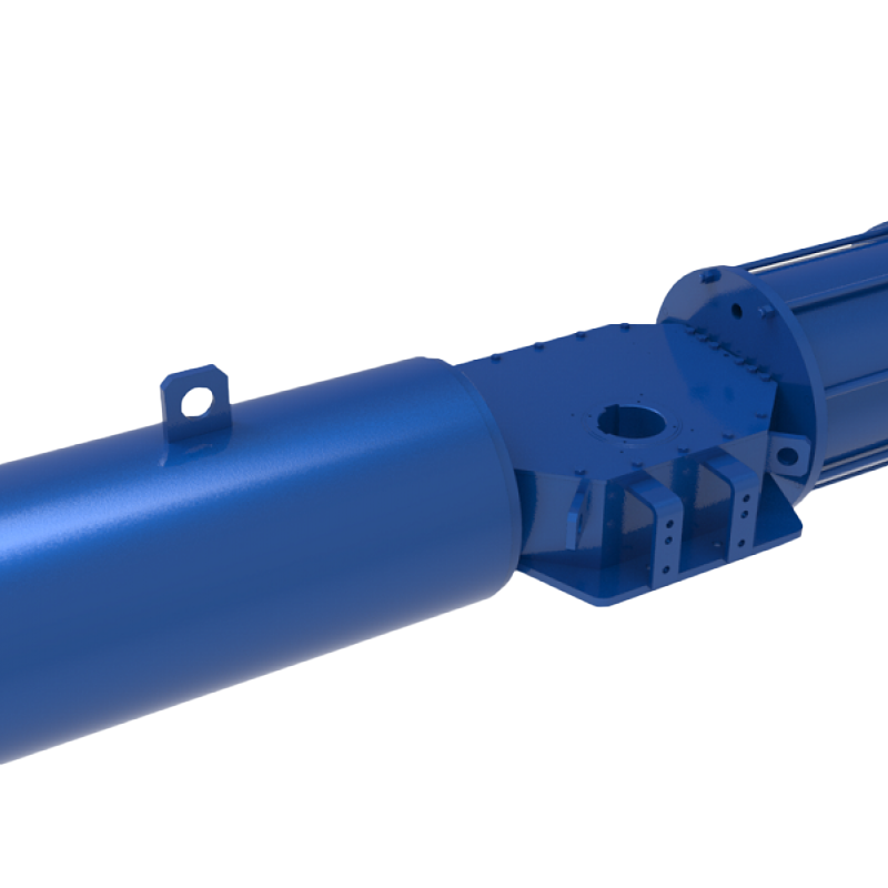 A blue industrial cylindrical device with a mounting bracket and a loop on its side. The structure is comprised of interconnected sections, likely part of a hydraulic or pneumatic system. The foreground obscures the full extent of the device.
